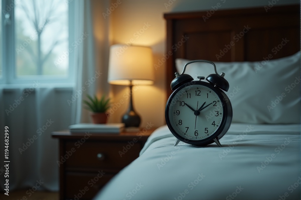 Naklejka premium A compact alarm clock on a bedside table