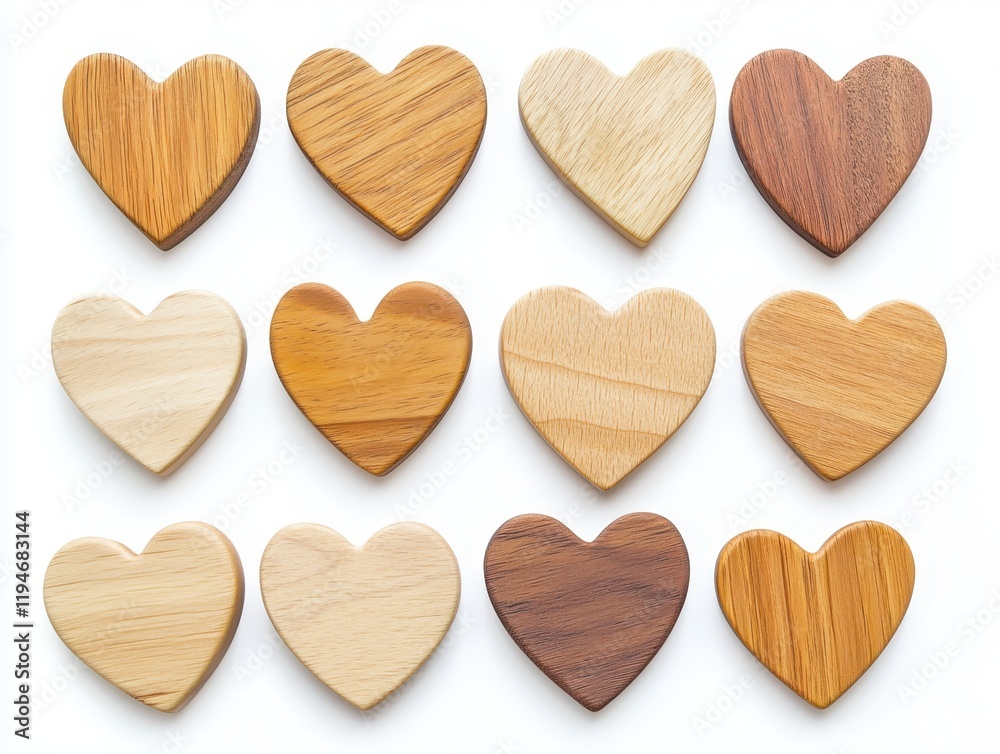 Obraz premium Collection set of natural brown wooden hearts isolated on white background