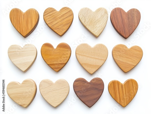 Collection set of natural brown wooden hearts isolated on white background