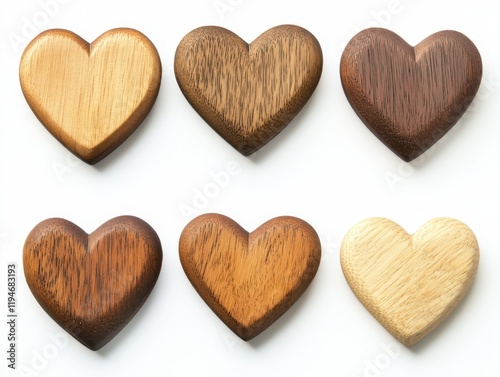 Collection set of natural brown wooden hearts isolated on white background