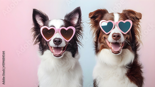 Black and white cute dog on pastel background. Border Collie puppy in pink heart shaped Valentine's day sunglasses. Greeting card banner for Women's and Mother's day, birthday, wedding with copy space