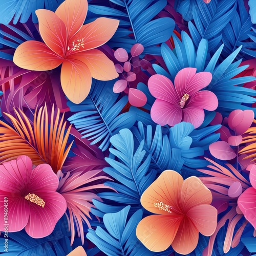 Vibrant 3D Tropical Floral Pattern with Exotic Leaves and Colorful Flowers Perfect for Summer Decorations and Backgrounds
