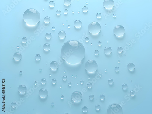 Water Drops on Light Blue Background, Top View - Clean and Refreshing Aesthetic Highlighting Natural Beauty and Cool, Calming Tones for Minimalist and Wellness Concepts