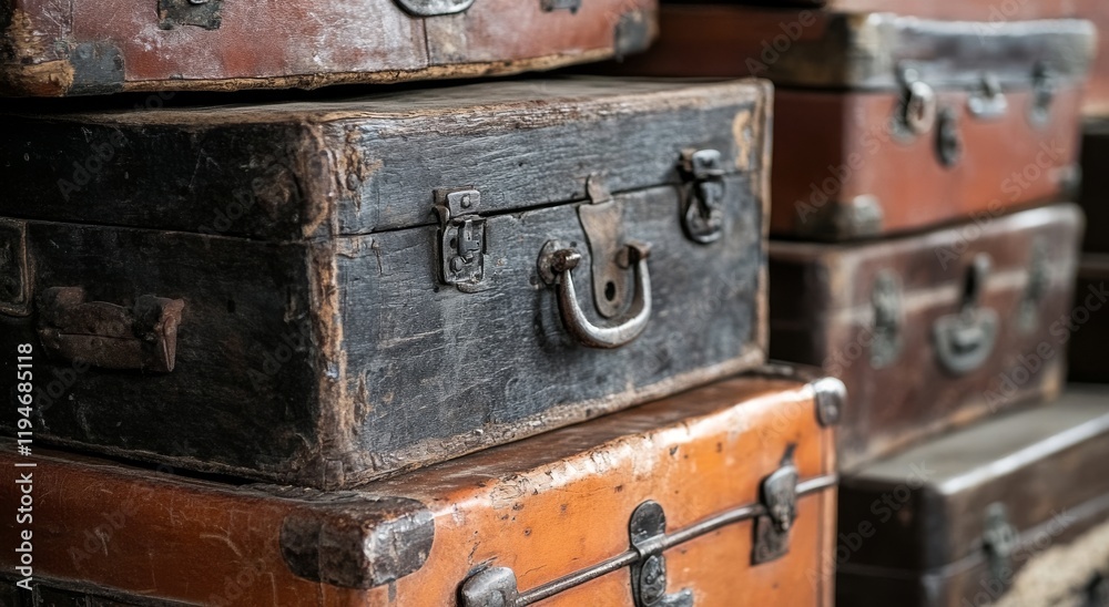 Old Wooden and Leather Trunks with Metal Buckles Old Wooden and Leather Trunks with Metal Buckles