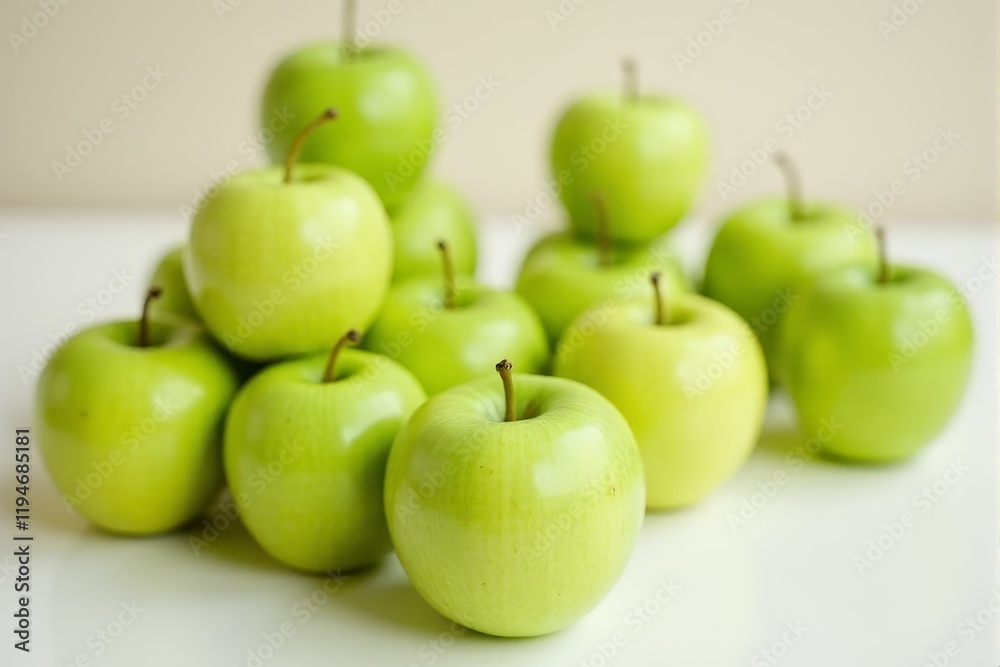 Green apples stacked neatly on a plain white table Green apples stacked neatly on a plain white table