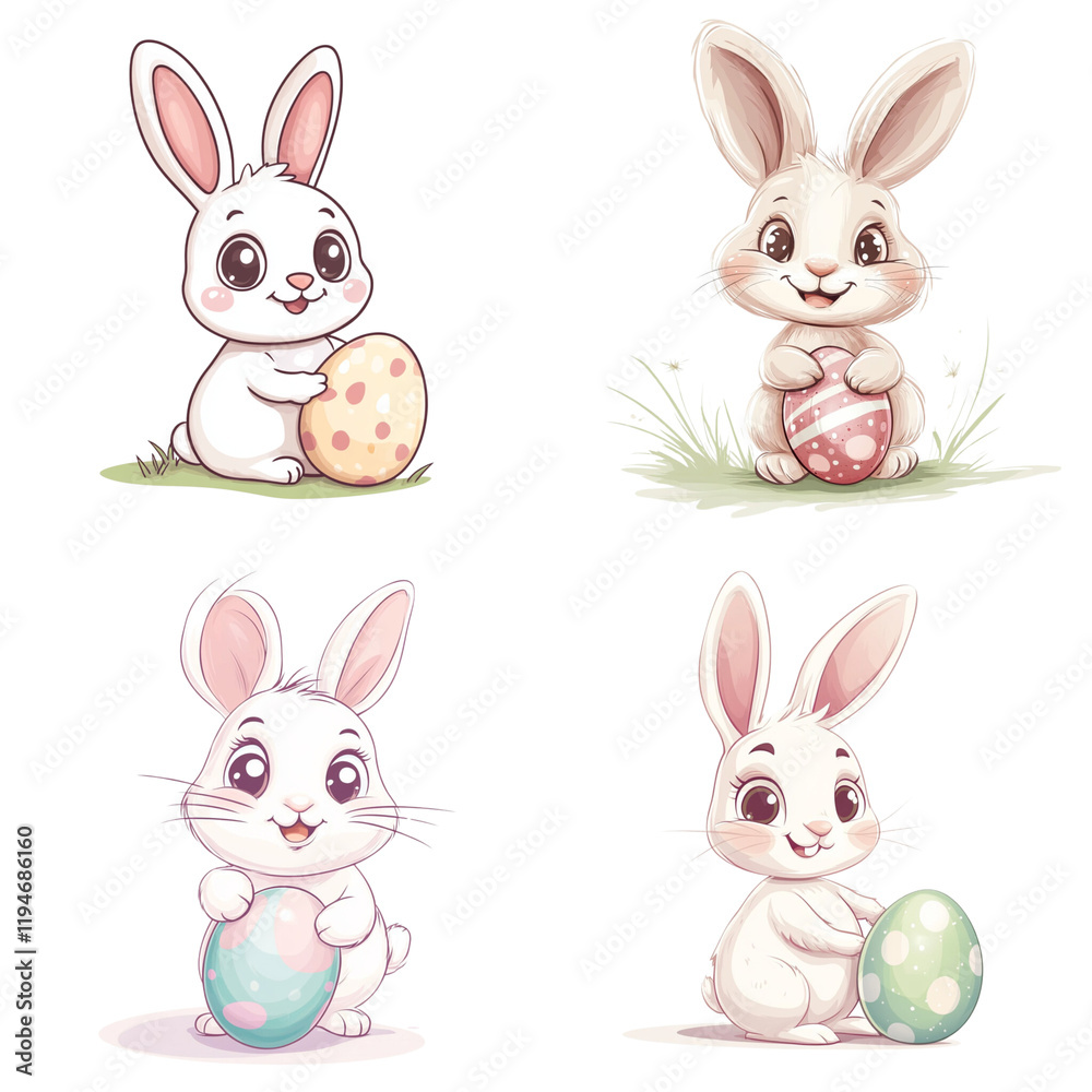 Obraz premium Cute cartoon rabbit holding Easter eggs on white background