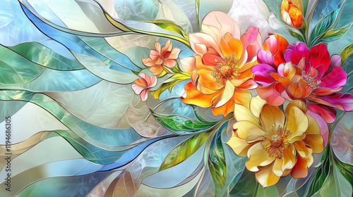 Colorful flowers in stained glass background wallpaper