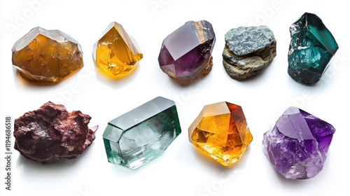 A collection of vibrant and unique crystals on a white background. photo