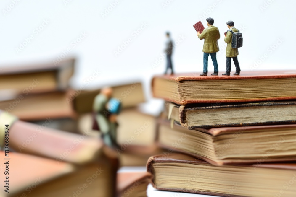 A group of tiny people standing on top of a pile of books, perfect for illustrations or decorative purposes A group of tiny people standing on top of a pile of books, perfect for illustrations or decorative purposes