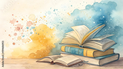 Watercolor books illustration, pastel literary design, inspiring educational concept with copy space photo
