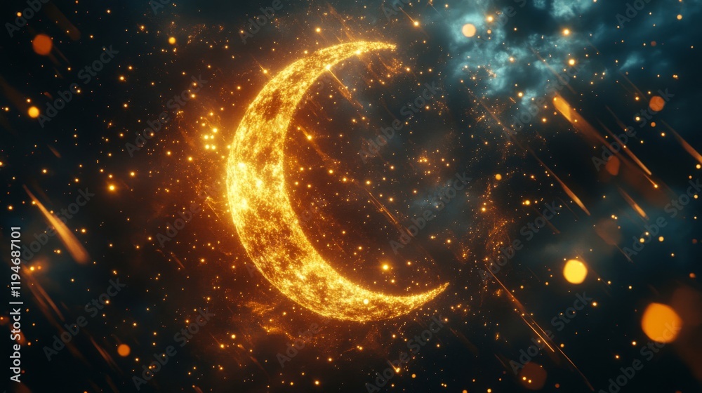 Golden Crescent Moon In A Starry Night Sky Golden Crescent Moon In A Starry Night Sky