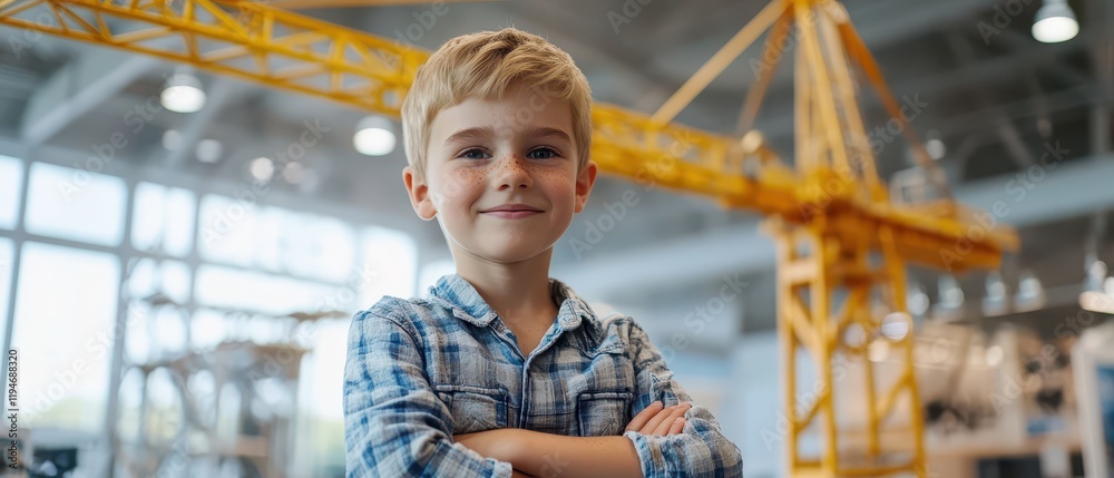 Fototapeta premium Kid presenting a functional mechanical crane model at an exhibition, proud and confident, Engineering Creativity for Kids, HandsOn STEM Learning