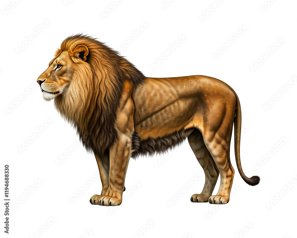 Fototapeta premium a brown lion in side view, full body, standing on a white background.