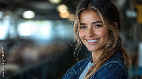 Hispanic farmer woman holding tablet with some pigs in modern industrial piggery