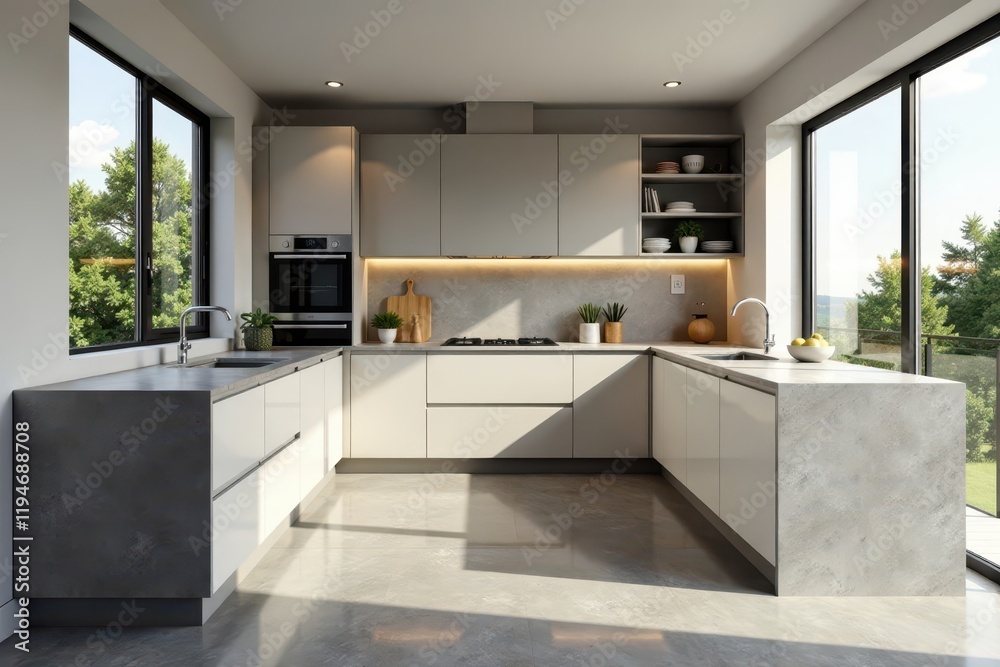 Fototapeta premium Sleek countertops, PVC concrete floor, modern cabinets, faucet, cabinets