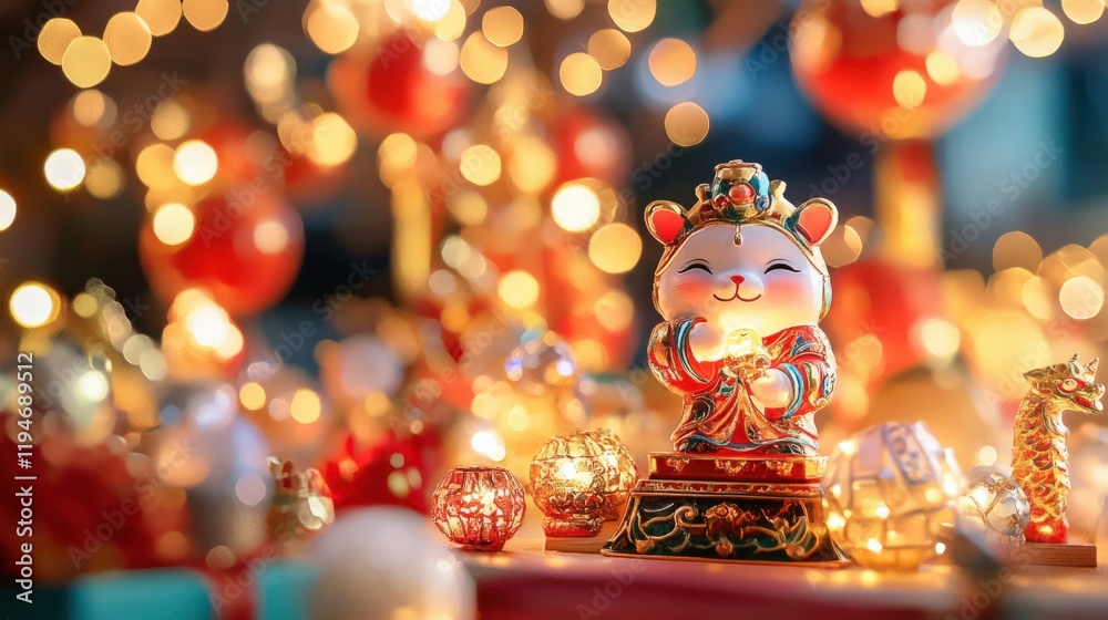 Vibrant Chinese New Year Decorations with Lucky Cat Figurine, Perfect for Celebrations and Home Decor Vibrant Chinese New Year Decorations with Lucky Cat Figurine, Perfect for Celebrations and Home Decor