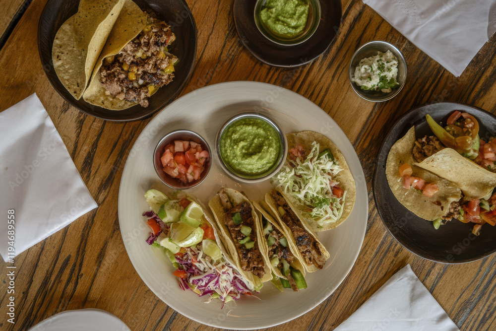 A vibrant assortment of tacos is presented on a plate, accompanied by guacamole, salsa, and fresh vegetables, creating a delightful meal experience A vibrant assortment of tacos is presented on a plate, accompanied by guacamole, salsa, and fresh vegetables, creating a delightful meal experience