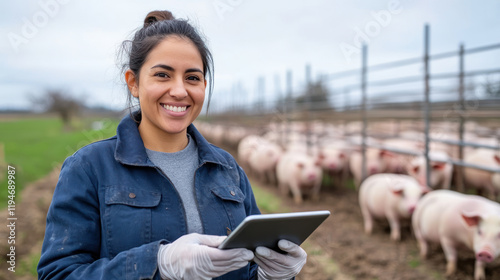Hispanic farmer woman holding tablet with some pigs in modern industrial piggery