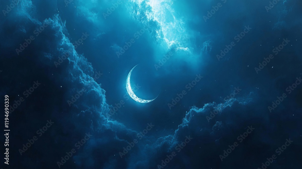 Fototapeta premium Crescent Moon Glowing Brightly In A Night Sky