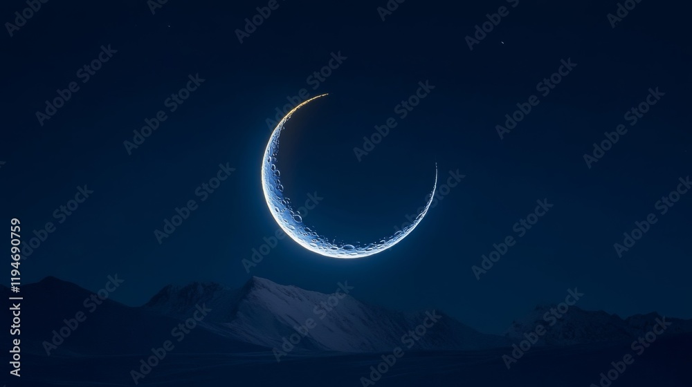 Fototapeta premium Crescent Moon Over Snowy Mountain Range At Night