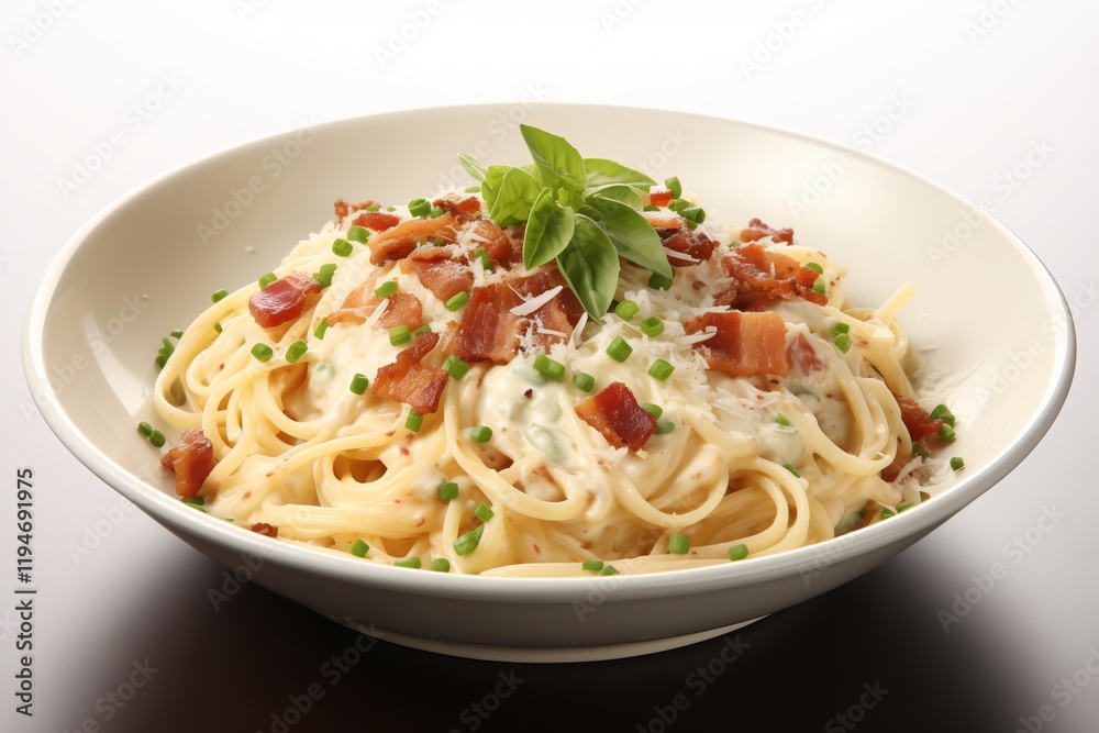 Delicious pasta dish served with crispy bacon and fresh basil, perfect for culinary enthusiasts and food lovers. Delicious pasta dish served with crispy bacon and fresh basil, perfect for culinary enthusiasts and food lovers.