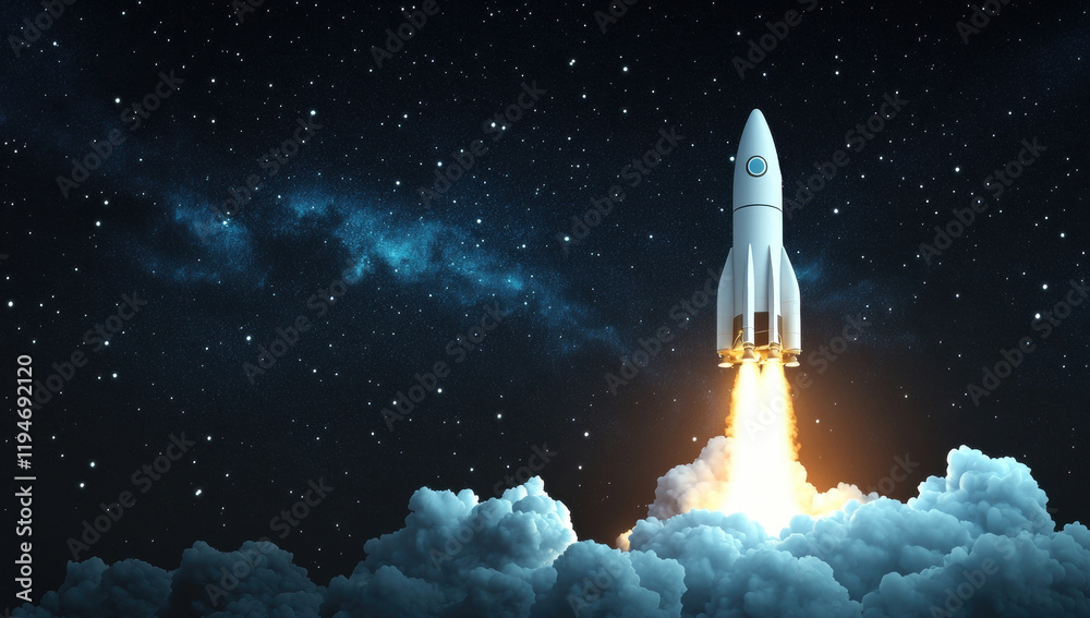 Fototapeta premium White rocket launching into the starry sky with clouds below