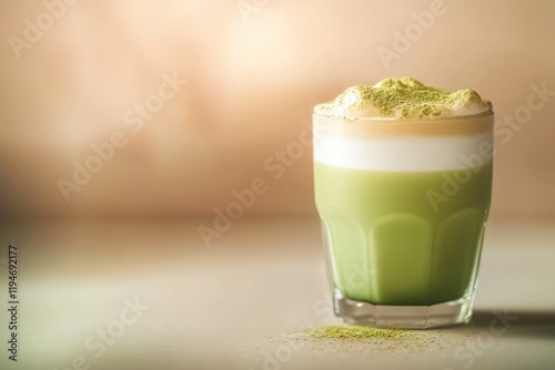 A glass of layered matcha latte with a dusting of matcha powder on top, a refreshing and visually appealing drink. photo