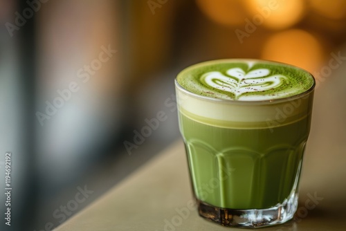 A glass of vibrant green matcha latte with a delicate leaf design, sprinkled with matcha powder. photo