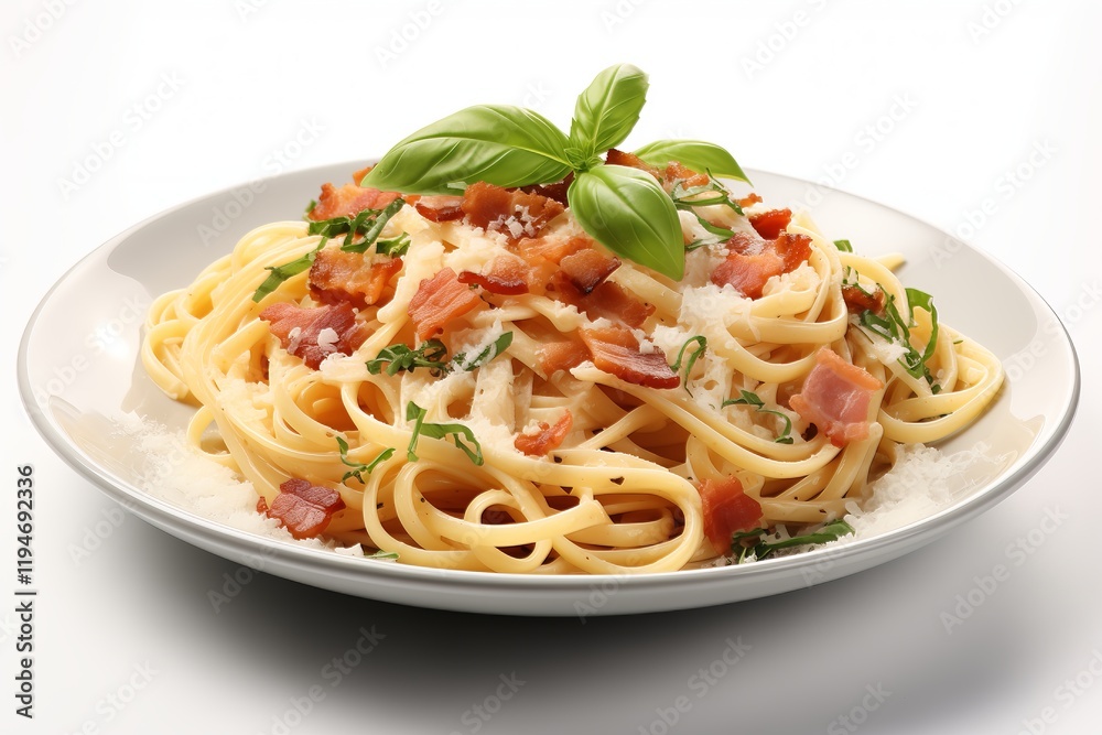 Delicious spaghetti topped with crispy bacon, fresh basil, and grated cheese on a white plate. Delicious spaghetti topped with crispy bacon, fresh basil, and grated cheese on a white plate.