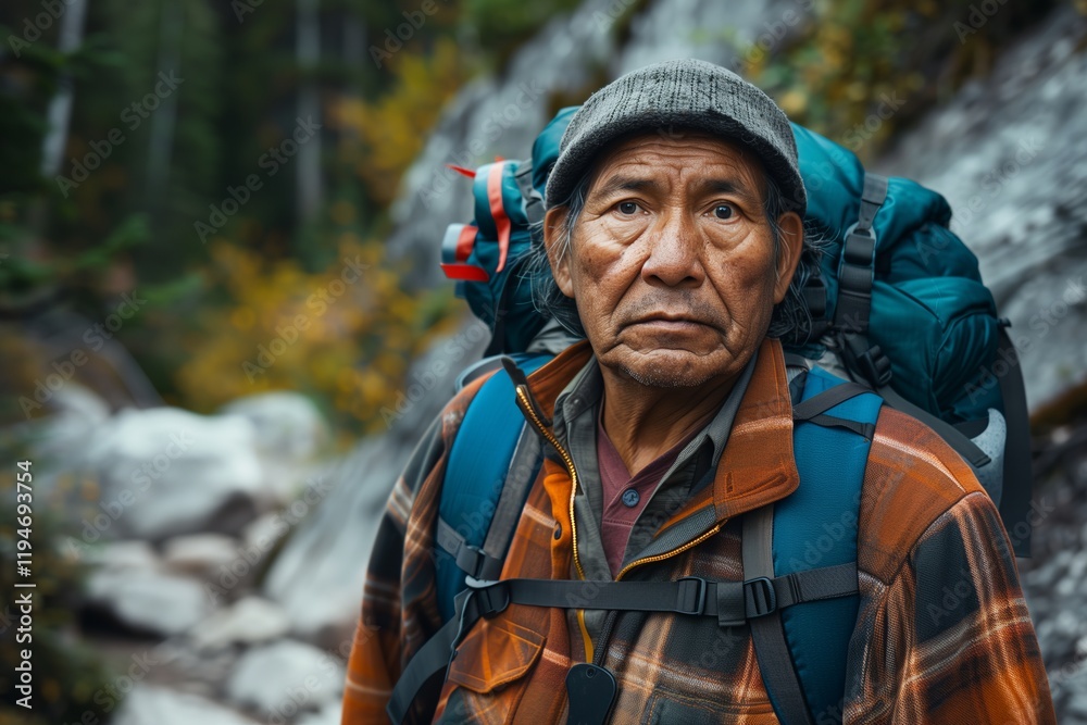 Fototapeta premium Experienced hiker with a backpack in nature, embodying adventure and resilience in a breathtaking landscape.