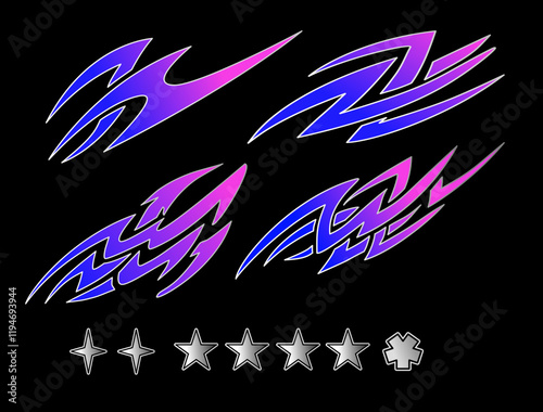 Abstract purple and blue tribal livery design for racing car or motorbike with stars element, tribal decal element set