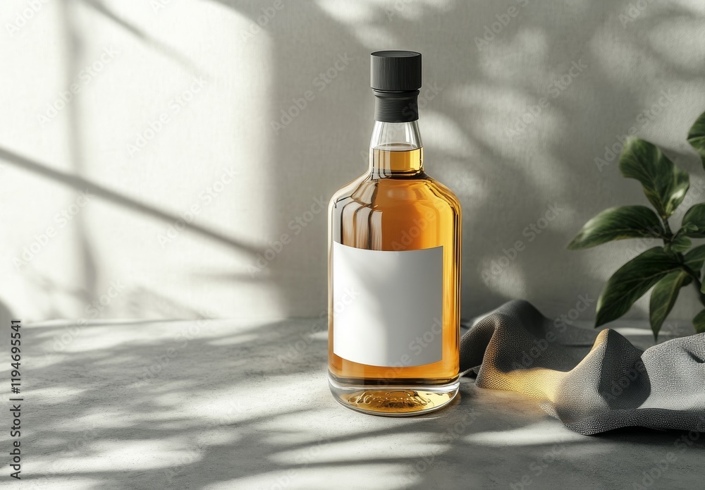 A bottle of honey with a white label mockup on a grey concrete table, with a brush and cloth next to it. A bottle of honey with a white label mockup on a grey concrete table, with a brush and cloth next to it.