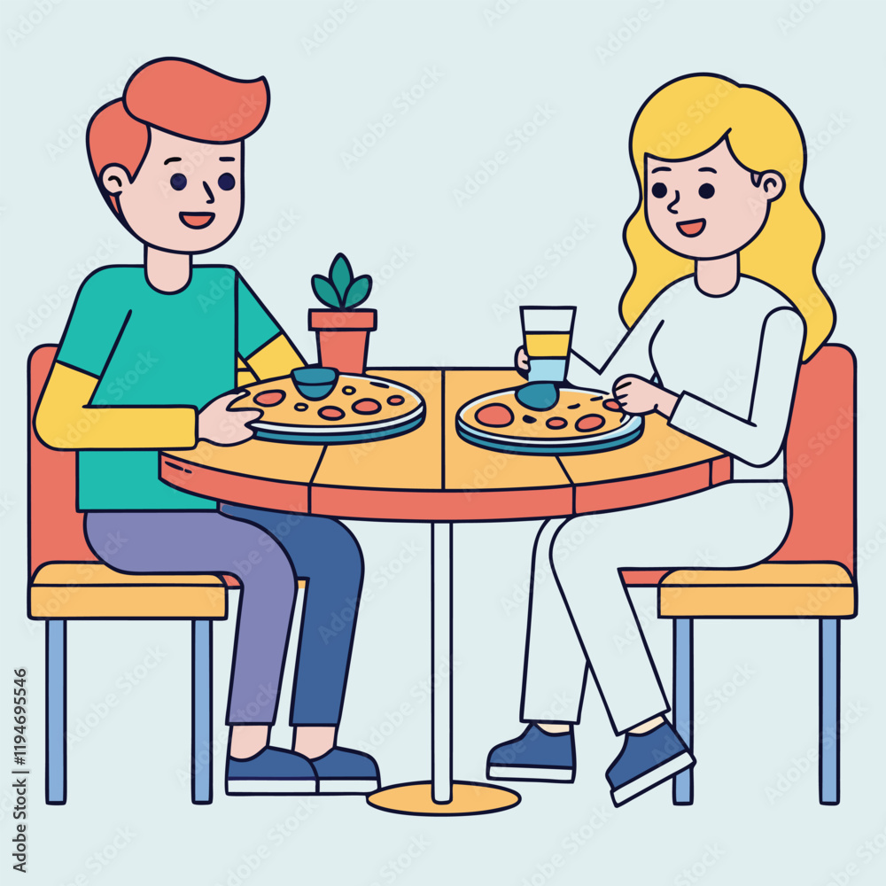Friends Company Eating out in Pizzeria at Cafe or Restaurant Background. Young Men and Women Cartoon Characters Sitting at Table with Big Pizza and Chatting Friendly. Flat Vector Illustration Friends Company Eating out in Pizzeria at Cafe or Restaurant Background. Young Men and Women Cartoon Characters Sitting at Table with Big Pizza and Chatting Friendly. Flat Vector Illustration