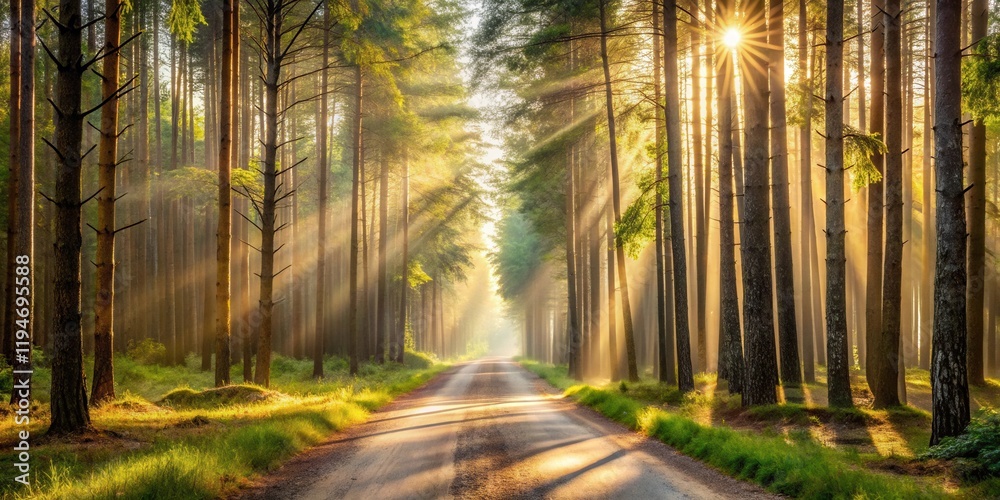 Obraz premium Golden Sunrise Illuminates a Serene Forest Path with Sunbeams Streaming Through Tall Trees