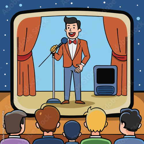 Comedy Stand Up TV Show Program Broadcasting on TV-Set. Comedian Performing on Stage Talking in Microphone front of Audience. Humor Monolog Presentation. TV-Set Monitor Design. Vector Illustration