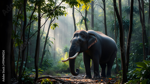 Thai elephant in the dense forest  There was some light sent down.