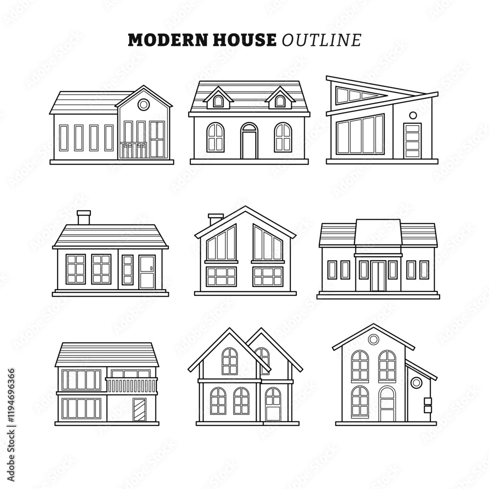 Set of Facade of a Modern House Design outline collection with line art style, Home Real Cottage Estate Apartment Construction Building, flat vector illustration. Set of Facade of a Modern House Design outline collection with line art style, Home Real Cottage Estate Apartment Construction Building, flat vector illustration.