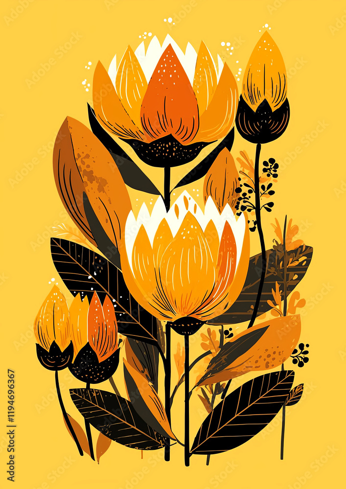 Fototapeta premium Vibrant vector illustration of bold, abstract flowers in warm tones. The stylized petals and leaves create a dynamic visual. Perfect for art lovers. Generated AI