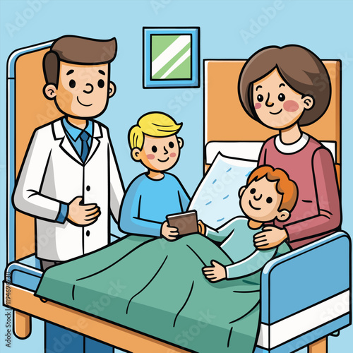 Parents Visit Sick Son at Hospital Ward. Boy Sitting under Blanket in Bed. Hospitalized Kid Resting. Father, Mother and Child Speaking. Family Care. Medicine and Healthcare. Vector Illustration