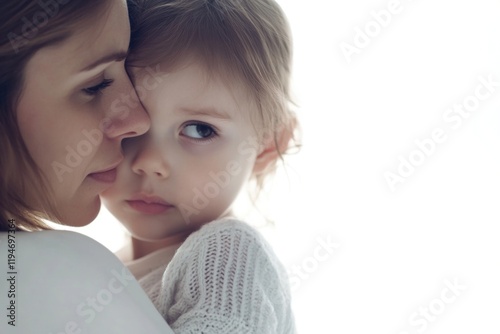 A mother cradling a young child in her arms, tenderly embracing the little one