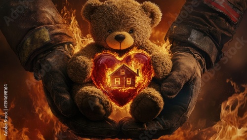 A firefighter's hands cradle a teddy bear, symbolizing care and protection. The heart-shaped design features flames, illustrating the dangers of fire and the importance of safety for kids. photo