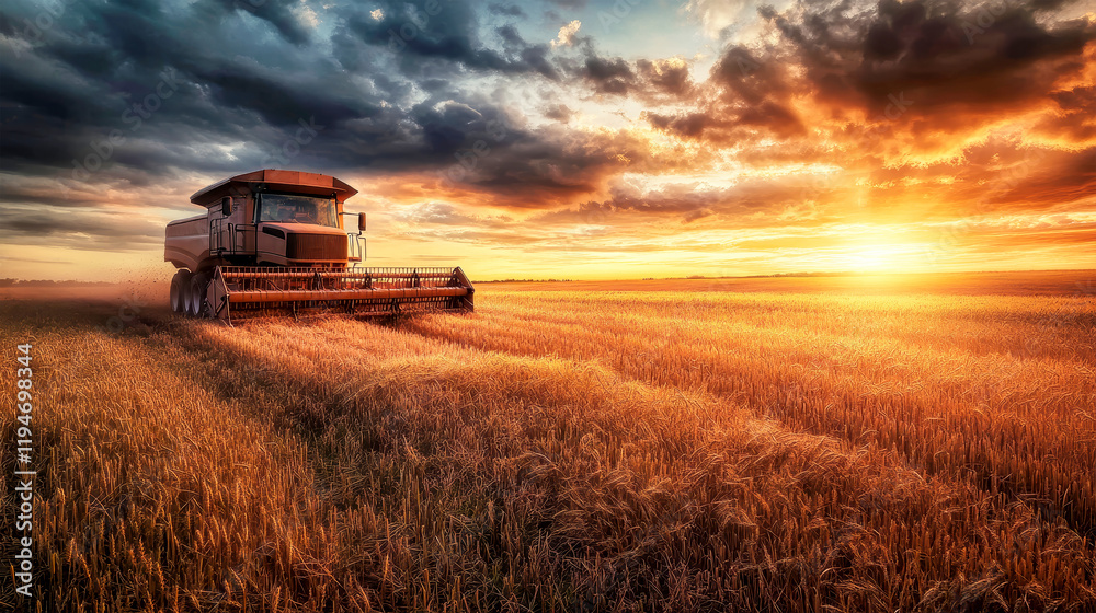 Fototapeta premium Combine harvester at sunset in golden wheat fields during harvest season