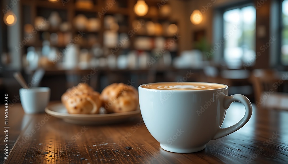 Fototapeta premium Frothy Cappuccino Cup on Wooden Table Generative AI
