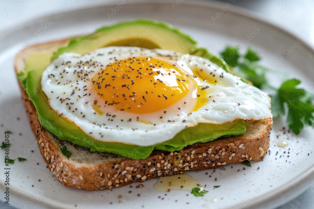 Fried egg and avocado toast, seasoned with poppy seeds, served on multigrain bread. Fried egg and avocado toast, seasoned with poppy seeds, served on multigrain bread.