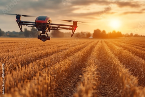 A cutting-edge drone hovers above neat rows of wheat during a stunning golden-hour sunset, illustrating the blend of modern technology with traditional agriculture. photo