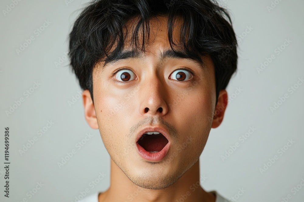 A person's reaction of surprise and astonishment, useful for illustrating a moment of shock or disbelief A person's reaction of surprise and astonishment, useful for illustrating a moment of shock or disbelief