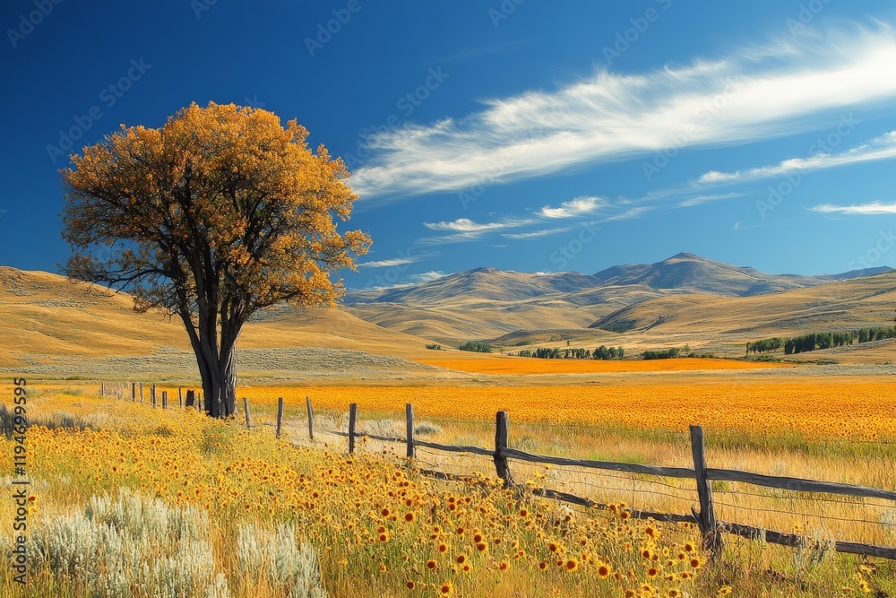 Fototapeta premium A lone tree stands by a rustic wooden fence, surrounded by a sprawling field of sunflowers under a bright, clear sky with distant rugged mountains.