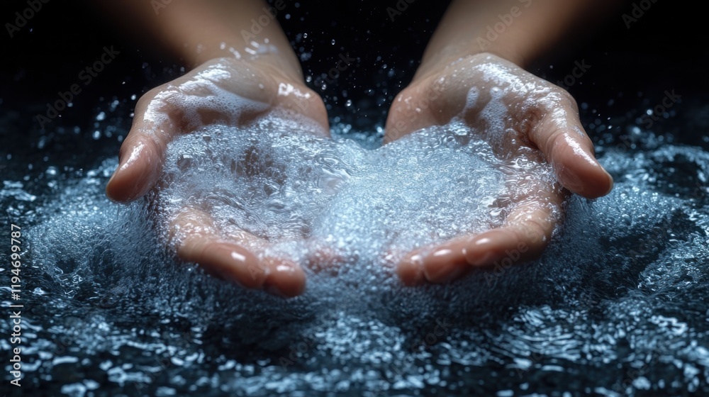 Obraz premium Captivating Hands Holding Water Drops in an Ethereal Environment, Evoking Feelings of Purity, Serenity, and Connection with Nature's Element