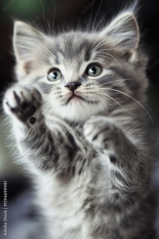 Grey kitten playfully reaching out with paws in a warm and inviting indoor setting during daylight hours Grey kitten playfully reaching out with paws in a warm and inviting indoor setting during daylight hours
