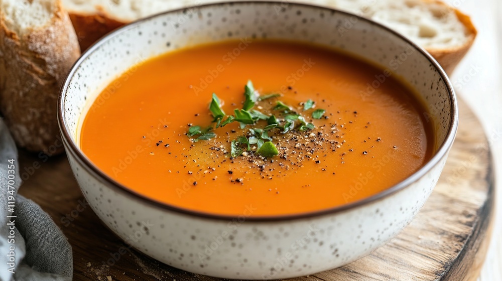 Creamy orange soup in bowl with bread. Creamy orange soup in bowl with bread.